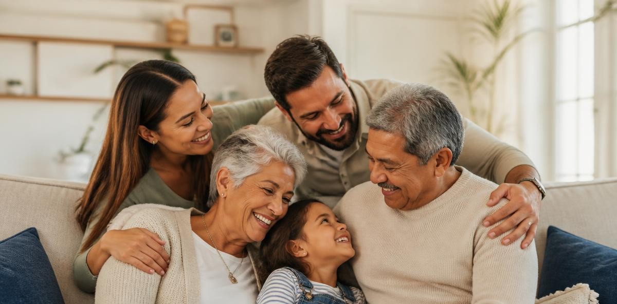 A multigenerational family hugging together on a sofa at home