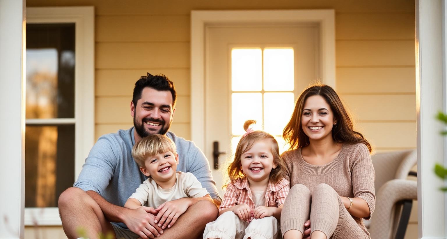 A family together on their front porch at sunset