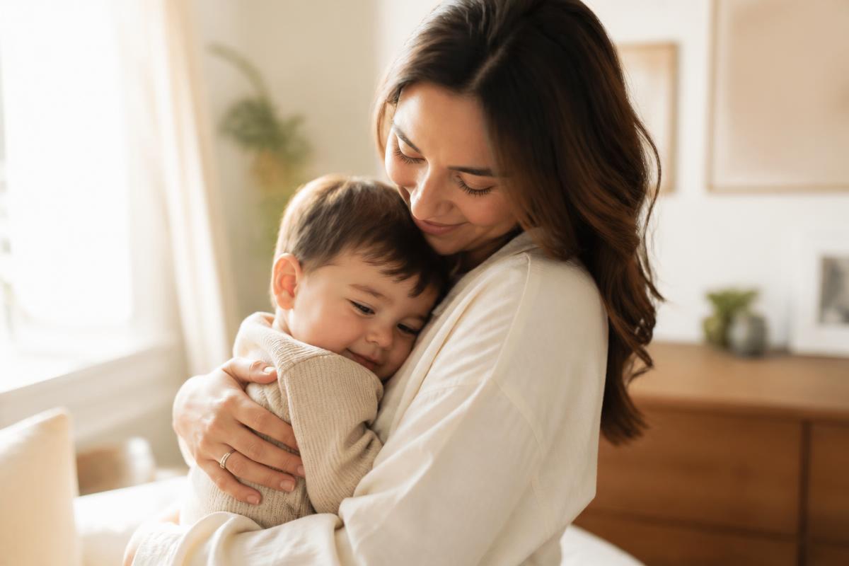 A parent gently hugging a young child in a warm, sunlit home