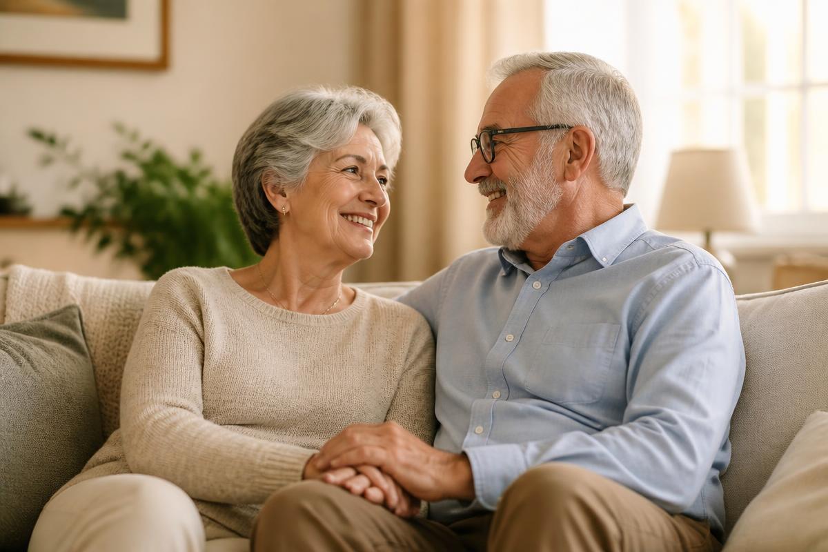 A smiling senior couple holding hands on a sofa, feeling secure at home